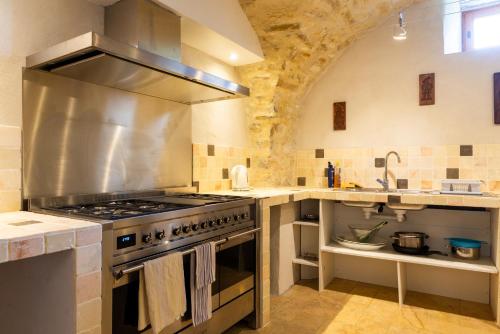 a large kitchen with a stove and a sink at Maison d'Hôtes Mas de la Chadenede in Lagorce