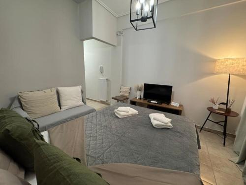 a living room with a couch and a tv at Evann's sweet home in Larisa