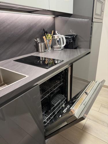 Il comprend une cuisine équipée d'une cuisinière et d'un lave-vaisselle. dans l'établissement appartement proche de la mer, à Cannes