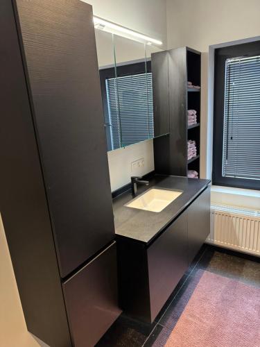 a bathroom with a sink and a mirror at koetshuis in Ypres