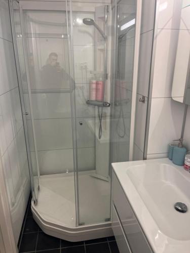 eine Dusche mit Glastür neben einem Waschbecken in der Unterkunft Arctic Apartment with outdoor jacuzzi in Tomasjorda