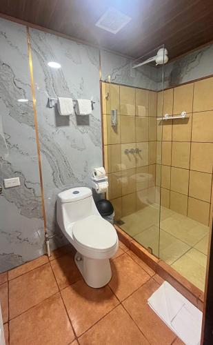a bathroom with a toilet and a shower at Casa Jungle Monteverde B&B in Monteverde Costa Rica