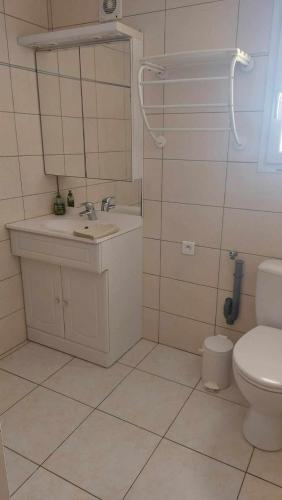une salle de bain blanche avec un lavabo et des toilettes dans l'établissement Appartement L'hippocampe, à Balaruc-le-Vieux