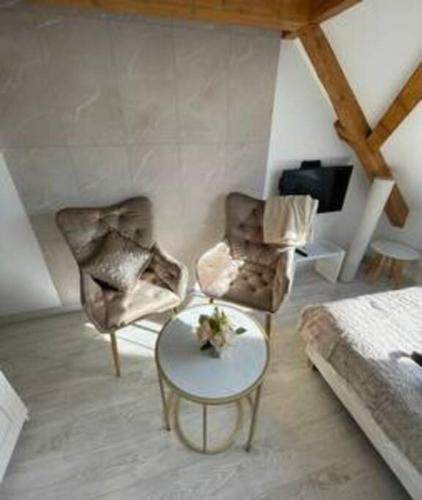 un salon avec deux chaises et une table dans l'établissement Esprit Palace, coeur de Mulhouse, à Mulhouse