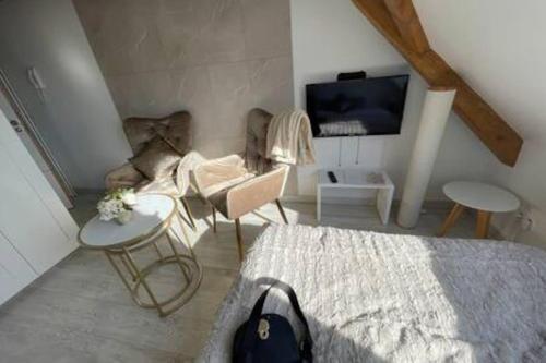 un salon avec un lit et une télévision dans l'établissement Esprit Palace, coeur de Mulhouse, à Mulhouse