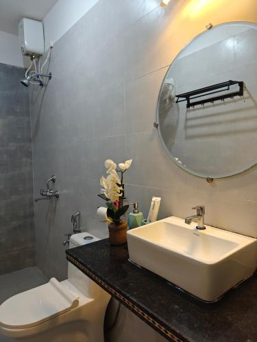 a bathroom with a sink and a mirror and a toilet at SOLS Backyard in Arambol