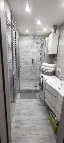 a bathroom with a shower and a washing machine at Apartament Bella Zdrój in Głuchołazy