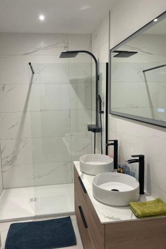 une salle de bain avec deux lavabos et une douche dans l'établissement Little paradise, à Strasbourg