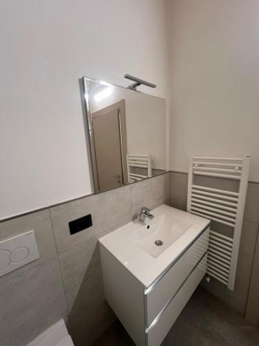 un bagno con un lavandino bianco e uno specchio di Cèsa Sot Bosch a Canazei