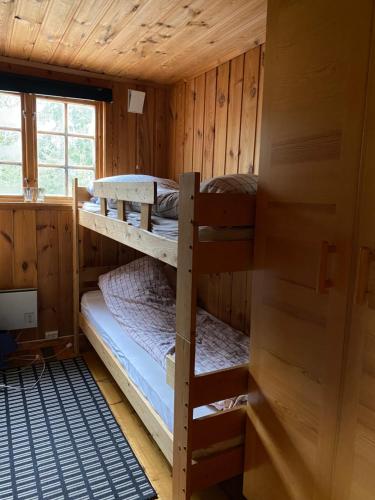 a room with two bunk beds in a cabin at Traditionale Norwegian mountain cabin Passebekk Skrim Karibu no water connection in Kongsberg