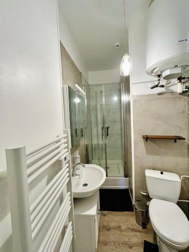 une salle de bain blanche avec des toilettes et un lavabo dans l'établissement Le Central - Hypercentre, à Clermont-Ferrand