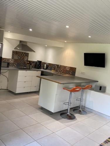 - une cuisine avec un comptoir et deux tabourets dans l'établissement Havre de paix ! Appartement privatif avec jardin, à Auch