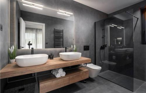 a bathroom with two sinks and a shower and a toilet at Villa Angelina in Gračišće