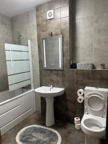 a bathroom with a toilet and a sink and a mirror at AlexHome lux apartment 27 free parking in Bucharest