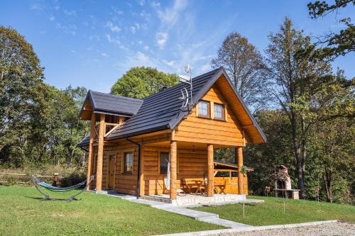 a log cabin with a hammock in front of it at Niedźwiedzia Dolina in Przybyszów