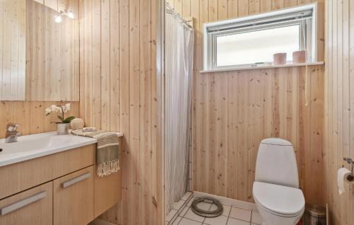 a bathroom with a toilet and a sink and a window at 3 Bedroom Nice Home In Kalundborg in Kalundborg
