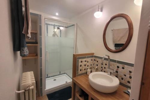 une salle de bain avec un lavabo, un miroir et une douche dans l'établissement maison idéale pour vos vacances, à Vaison-la-Romaine