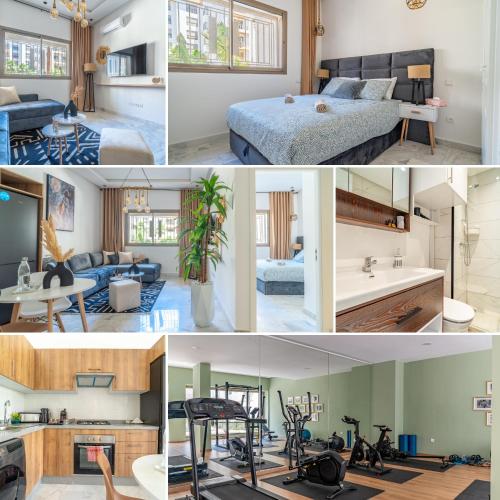 a collage of photos of a bedroom and a living room at AeroStay in Nouaceur