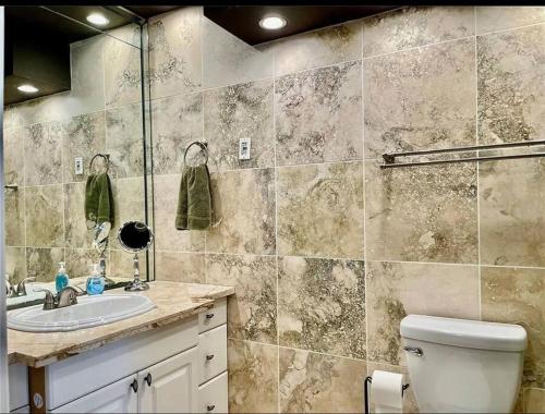a bathroom with a toilet and a sink and a shower at Main River Retreat hot tub, canoe with trolling motor in Spring Hill
