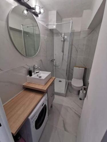 une salle de bain avec un lavabo, des toilettes et un miroir dans l'établissement SUPERBE APT VUE MER- 6 pers- HYPER CENTRE, au Grau-du-Roi