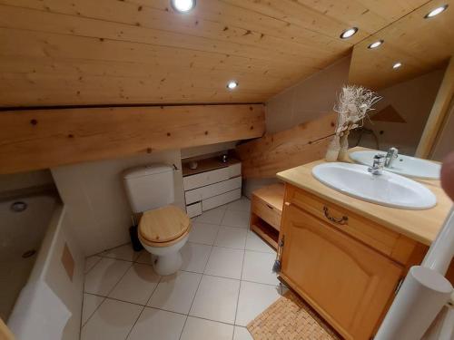 une petite salle de bain avec toilettes et lavabo dans l'établissement Appartement cosy - 3 personnes, à Sainte-Foy-Tarentaise