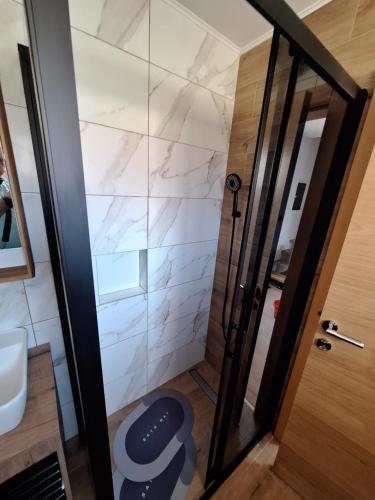 a bathroom with a shower with a toilet in it at Planinska kuća Vesna in Sekulić 