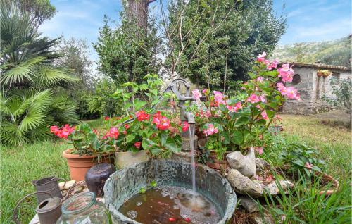 a water fountain in a garden with pink flowers at 3 Bedroom Nice Home In Campodimele in Campodimele