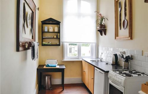 une cuisine avec une cuisinière blanche four supérieur à côté d'une fenêtre dans l'établissement Amazing Apartment In Marconne With Wifi, à Marconne