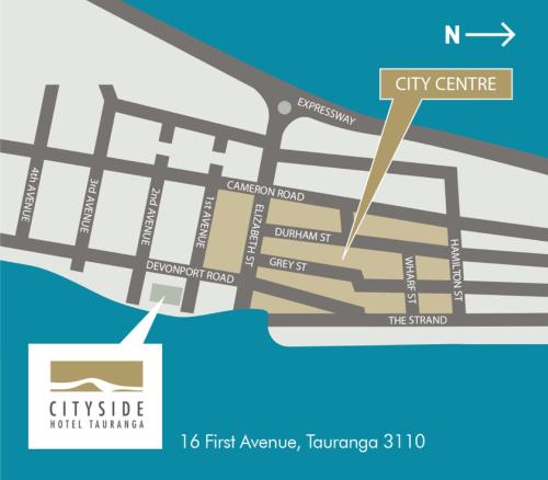 a map of the city centre and the city centrecinpectory at CitySide Hotel Tauranga in Tauranga