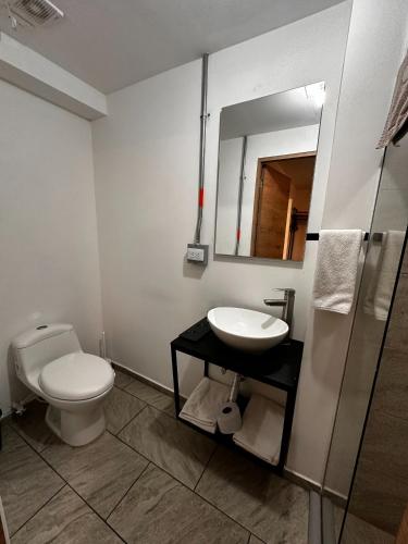 a bathroom with a toilet and a sink and a mirror at CoLinkHouse Hotel in Medellín