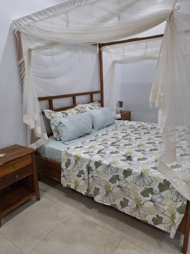 villa eclore 2 في Sali Tapé: غرفة نوم بها سرير ذو مظلة
