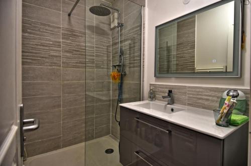 une salle de bain avec une douche, un lavabo et un miroir dans l'établissement Marina les calanques, à Marseille