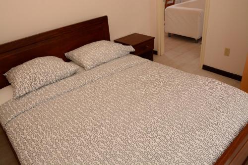 ein Bett mit zwei Kissen darauf in einem Schlafzimmer in der Unterkunft Wilhelmina Hotel & Apartments in Paramaribo