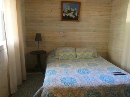 a bedroom with a bed and a picture on the wall at Cabaña en la naturaleza Futrono in Ranco