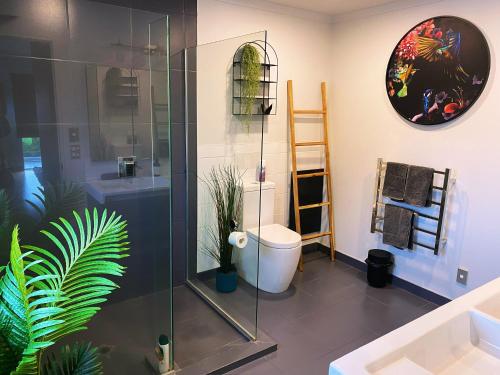 a bathroom with a glass shower and a toilet at Zodiac Bay Lake Retreat in Rotorua