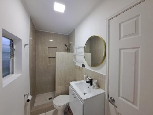 a bathroom with a toilet and a sink and a mirror at Agradable casa en Puerto Varas in Puerto Varas