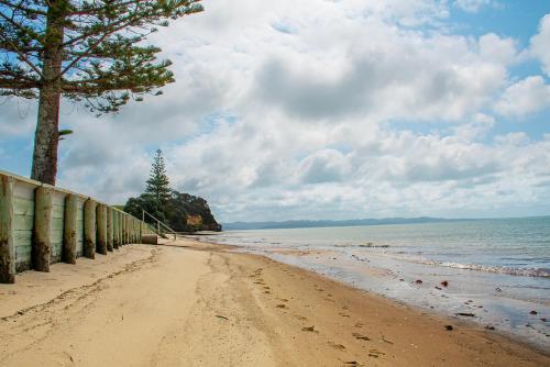 a sandy beach with a fence and trees on it at Stunning beachfront bach! in Manukau Heads