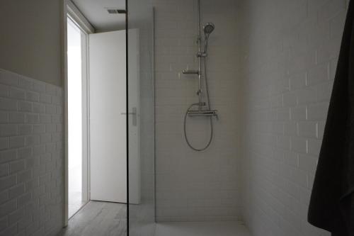 トレモリノスにあるNogalera Boutique Apartmentのバスルーム(ガラスドア付きのシャワー付)