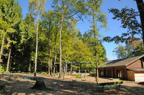 a playground in a park with a tree and a bench at Village de Vacances d'Oignies in Oignies-en-Thierache