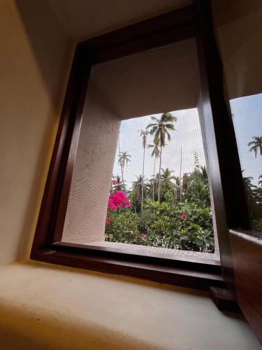 a window with a view of palm trees and flowers at Villas Cononda in La Majahua
