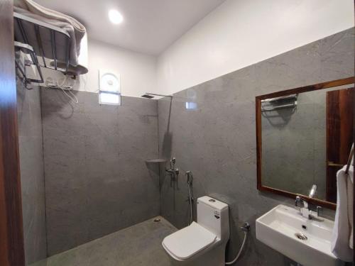 a bathroom with a toilet and a sink and a mirror at Mishka Boutique Hotel in Rāmgarh