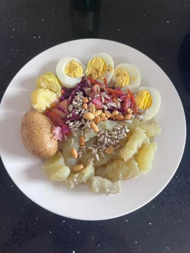 a plate of food with eggs on a table at Teisha House in Souillac