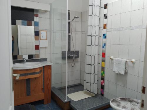 une salle de bain avec un lavabo et une douche dans l'établissement Casa Chélo, à Saint-Vincent-de-Tyrosse