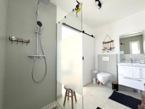 a bathroom with a shower and a toilet at Maison Chez les 4 M in Lamarque