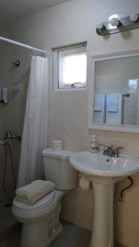 a bathroom with a toilet and a sink and a mirror at Ocean Villa Guam in Tamuning