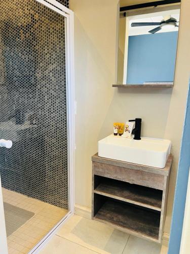 a bathroom with a sink and a shower at Purple Steps Guest House in Kimberley