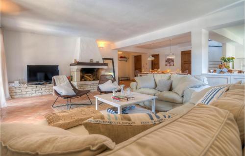 een woonkamer met een bank en een open haard bij Villa Oxalis in Poreč