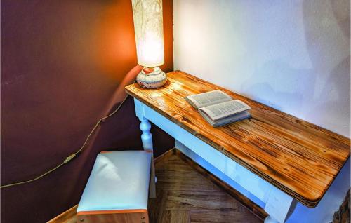 a desk with a lamp and a book and a candle at One-Bedroom Apartment In Divsici in Divšići