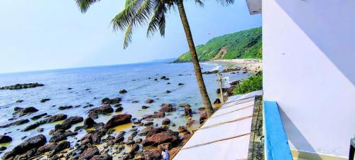 a view of a beach with palm trees and the ocean at Shree Sai Beach Stay in Arambol