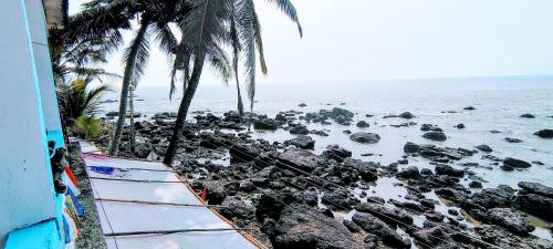 a beach with rocks and palm trees and the ocean at Shree Sai Beach Stay in Arambol